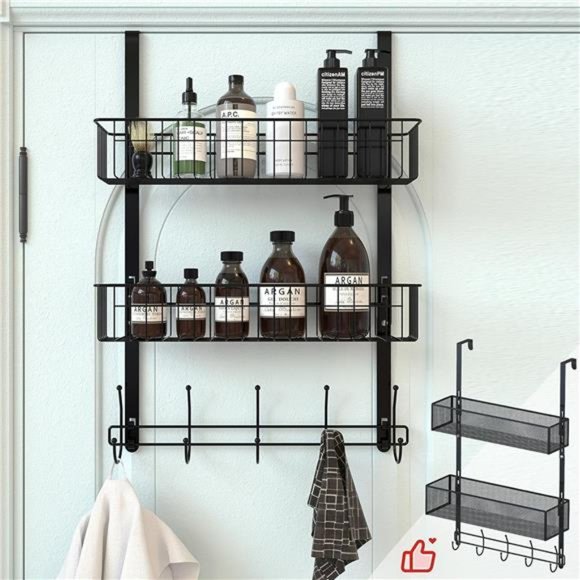 Over The Door Hooks, Door Hanger Towel Rack with 5 Coat Hooks & 2 Mesh Basket - Picture 1 of 6